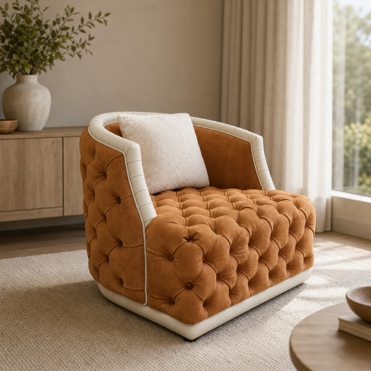 Cognac Tufted Lounge Chair with Ivory Channel-Trim Frame