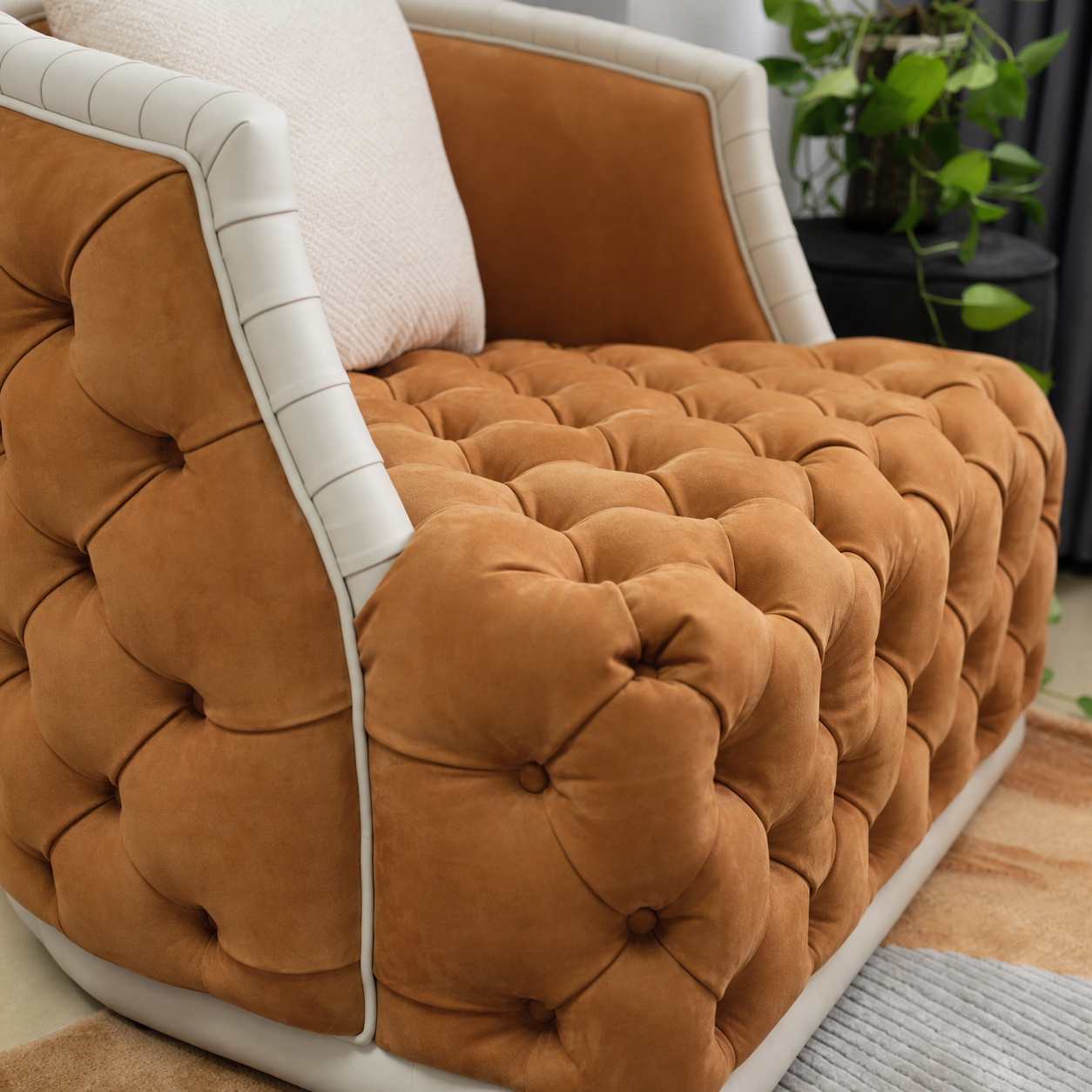 Cognac Tufted Lounge Chair with Ivory Channel-Trim Frame
