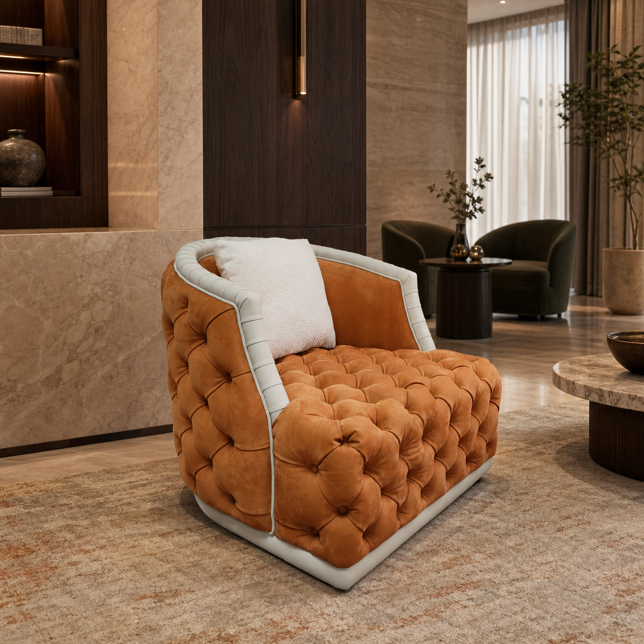 Cognac Tufted Lounge Chair with Ivory Channel-Trim Frame