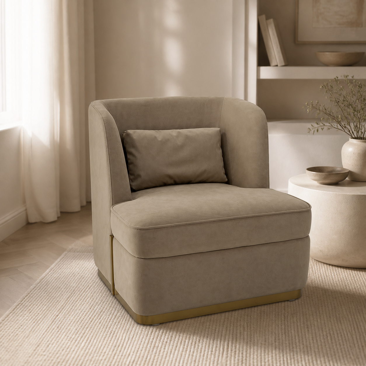 Taupe Wraparound Lounge Chair with Gold Metal Plinth Base