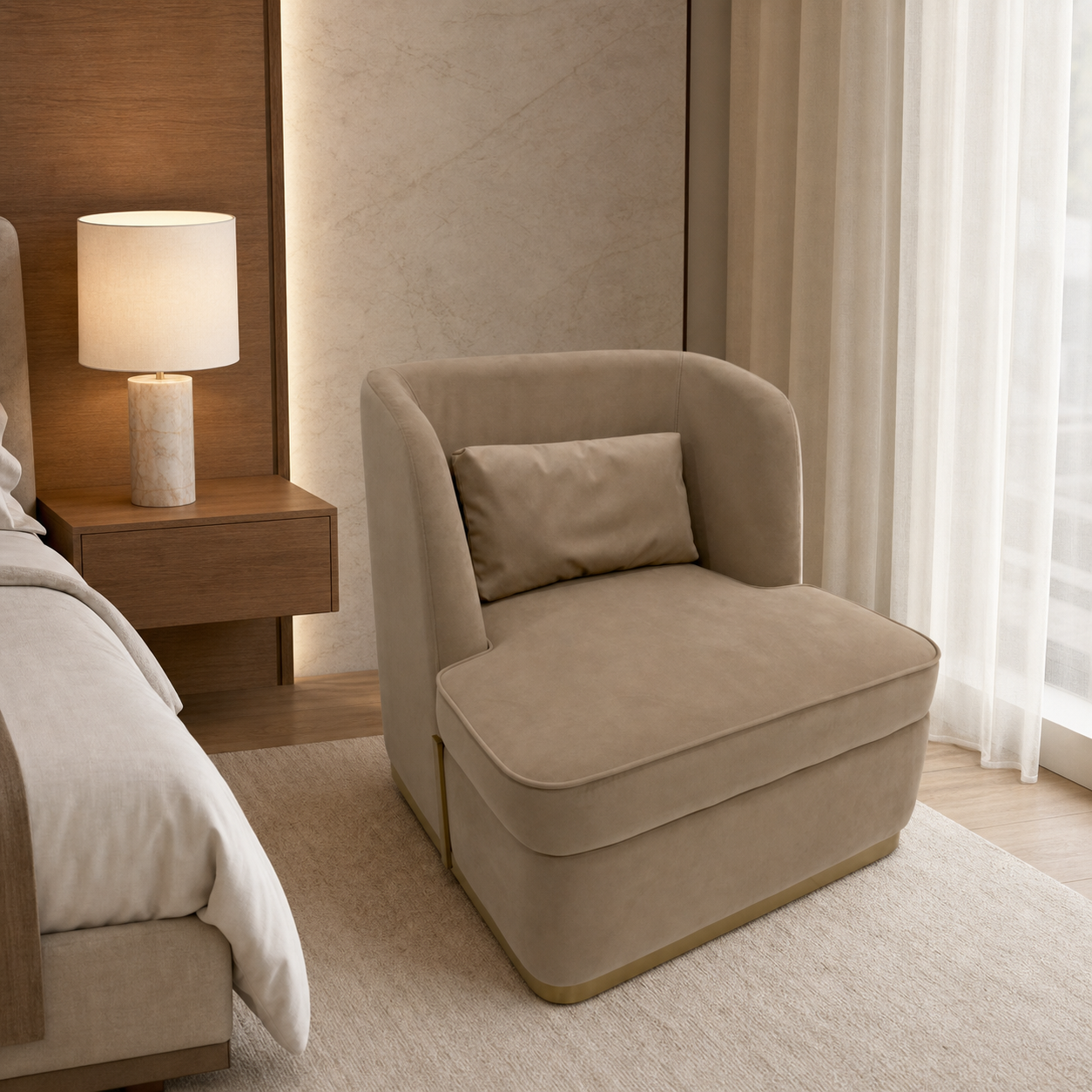 Taupe Wraparound Lounge Chair with Gold Metal Plinth Base