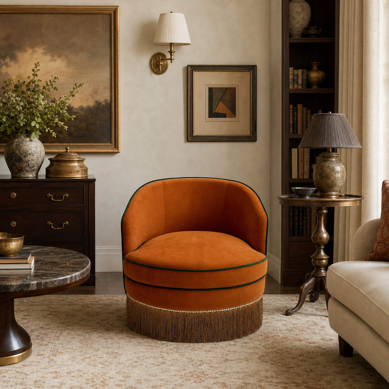 Burnt Orange Velvet Tub Chair with Dark Contrast Piping and Fringe Skirt
