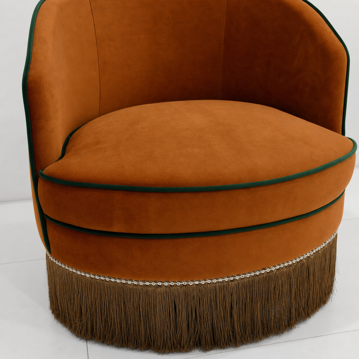 Burnt Orange Velvet Tub Chair with Dark Contrast Piping and Fringe Skirt
