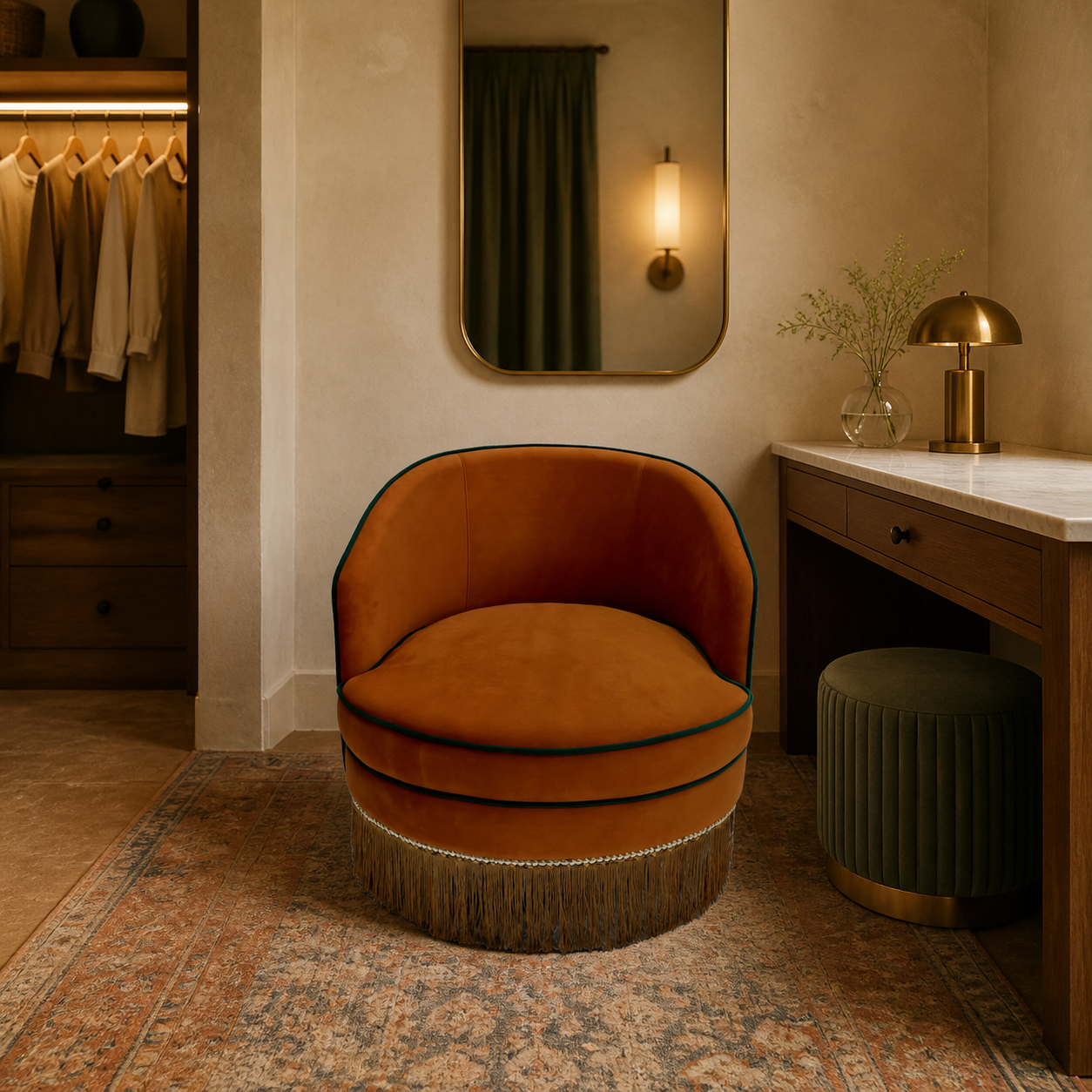 Burnt Orange Velvet Tub Chair with Dark Contrast Piping and Fringe Skirt