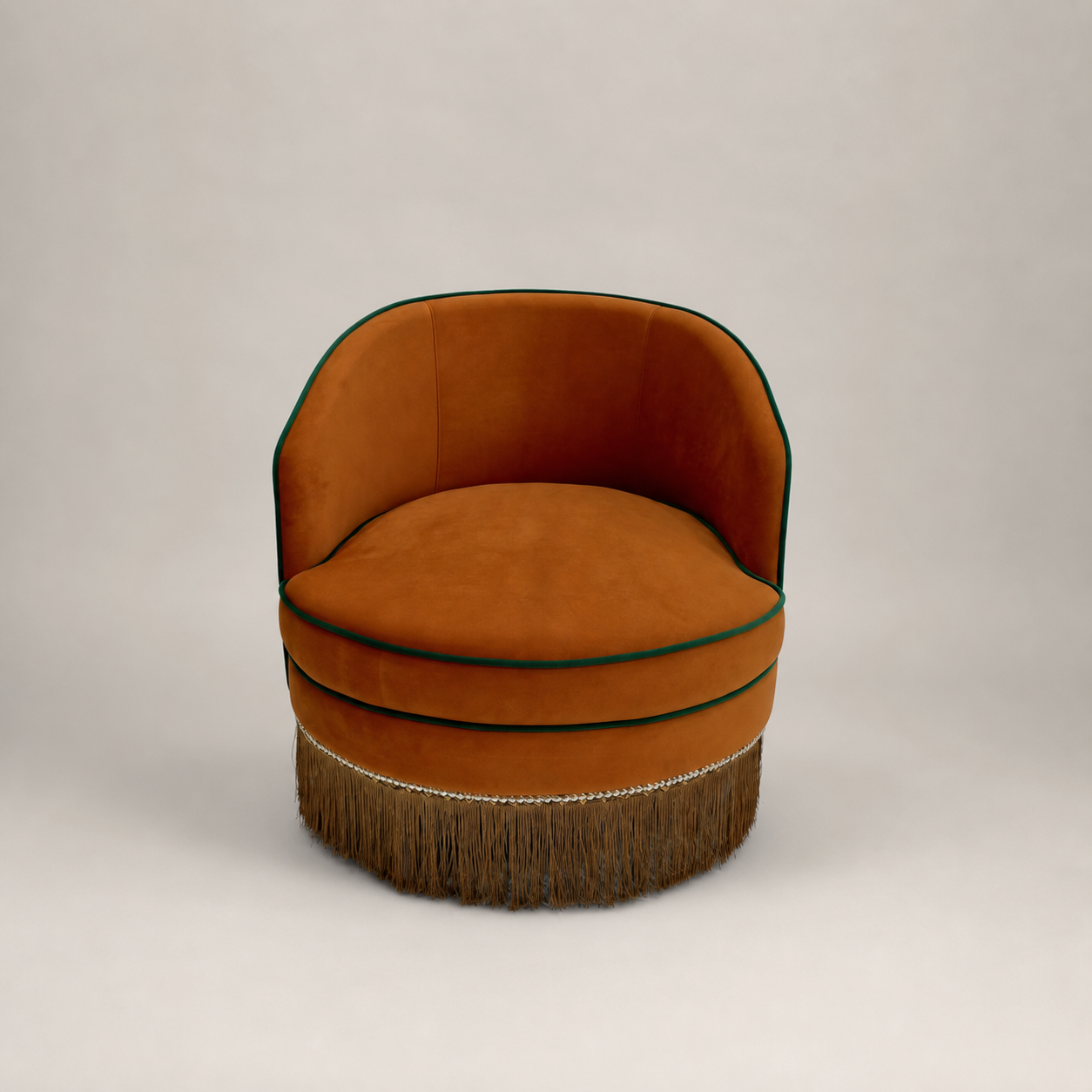 Burnt Orange Velvet Tub Chair with Dark Contrast Piping and Fringe Skirt