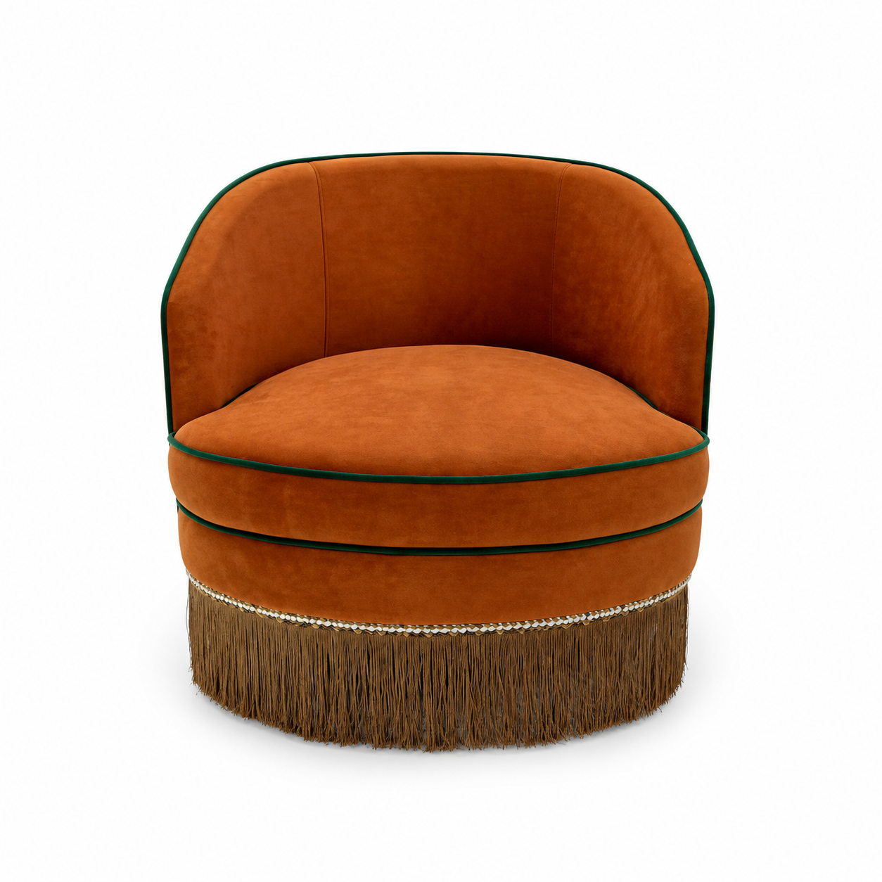 Burnt Orange Velvet Tub Chair with Dark Contrast Piping and Fringe Skirt