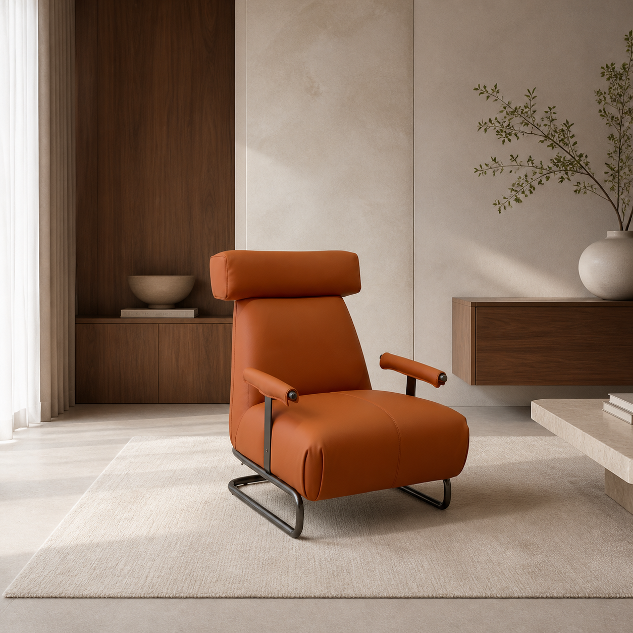 Burnt Orange Velvet Tub Chair with Dark Contrast Piping and Fringe Skirt