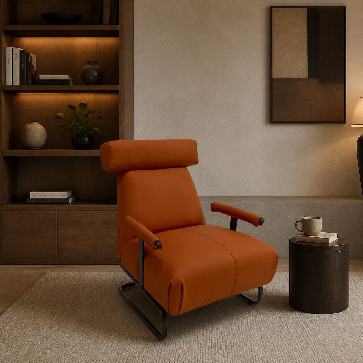 Burnt Orange Velvet Tub Chair with Dark Contrast Piping and Fringe Skirt