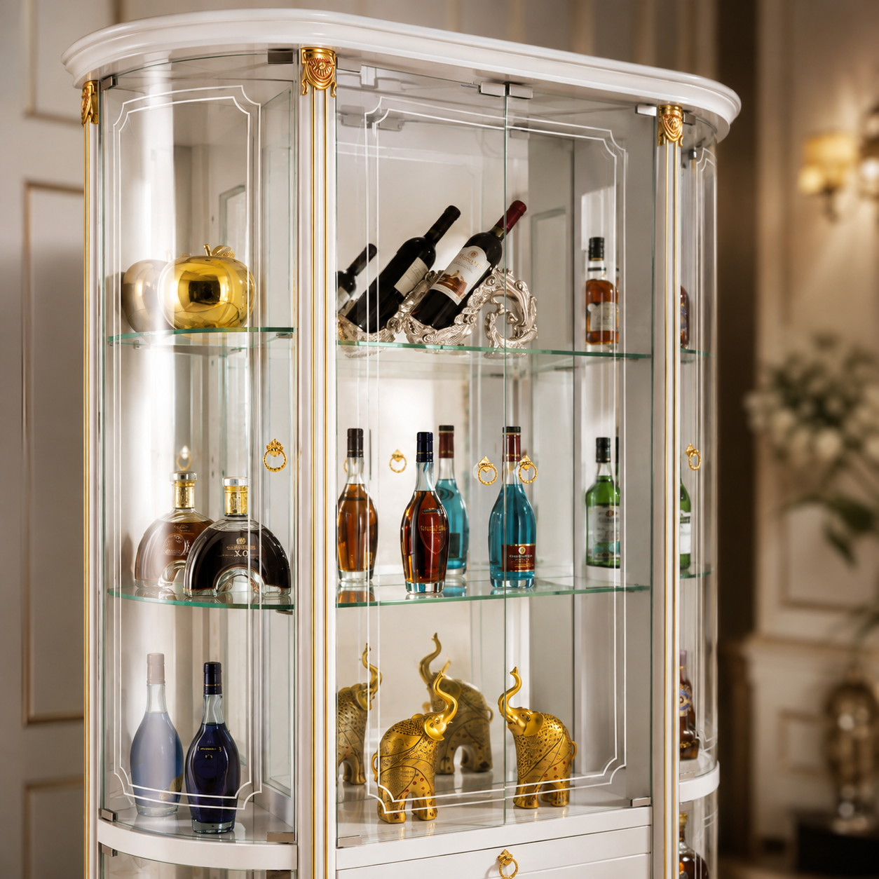 White French Glass Wine Cabinet with Curved Side Display Shelves