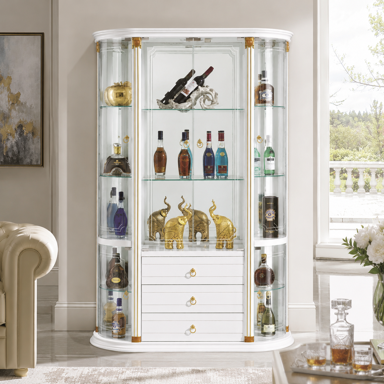 White French Glass Wine Cabinet with Curved Side Display Shelves