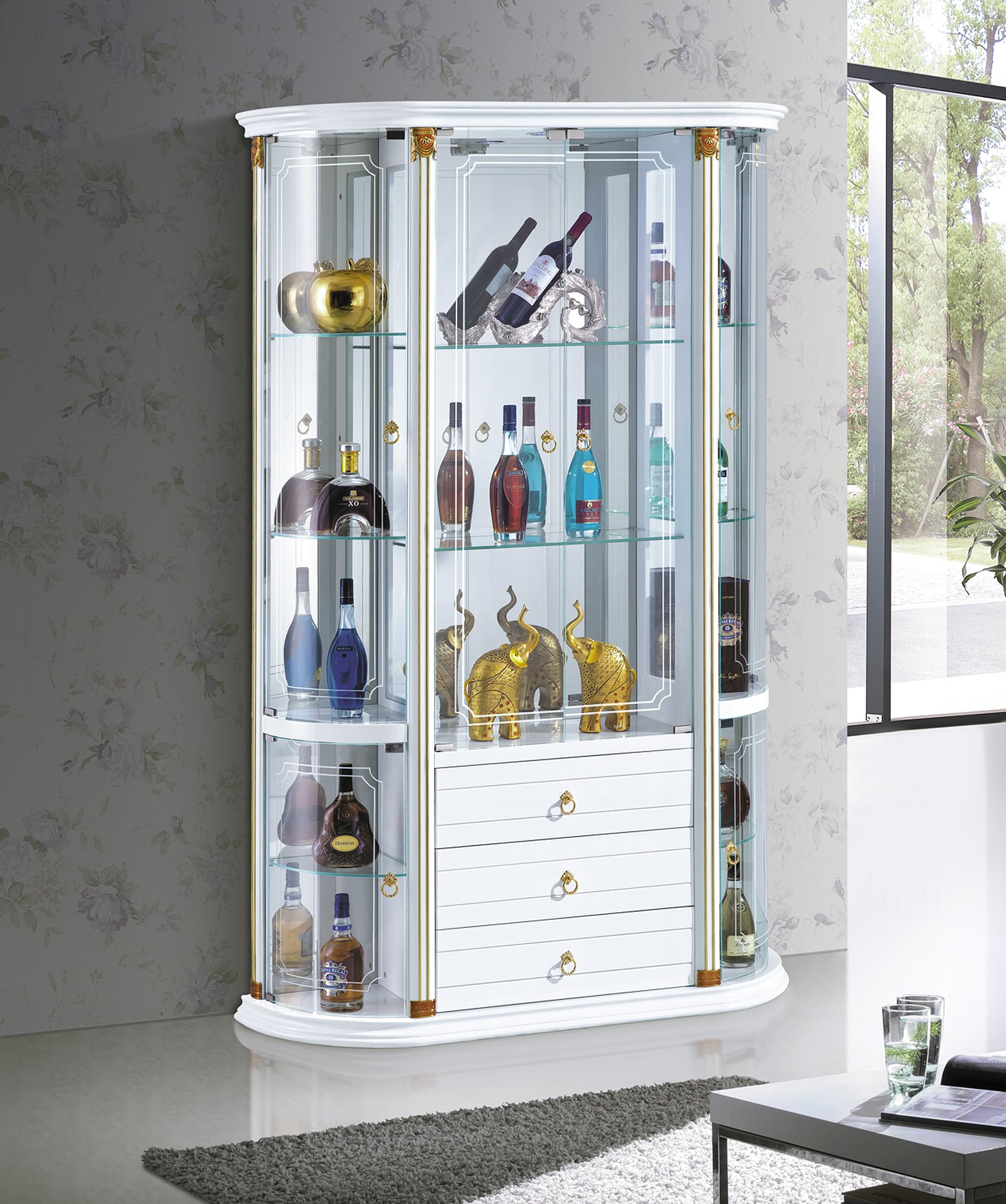White French Glass Wine Cabinet with Curved Side Display Shelves