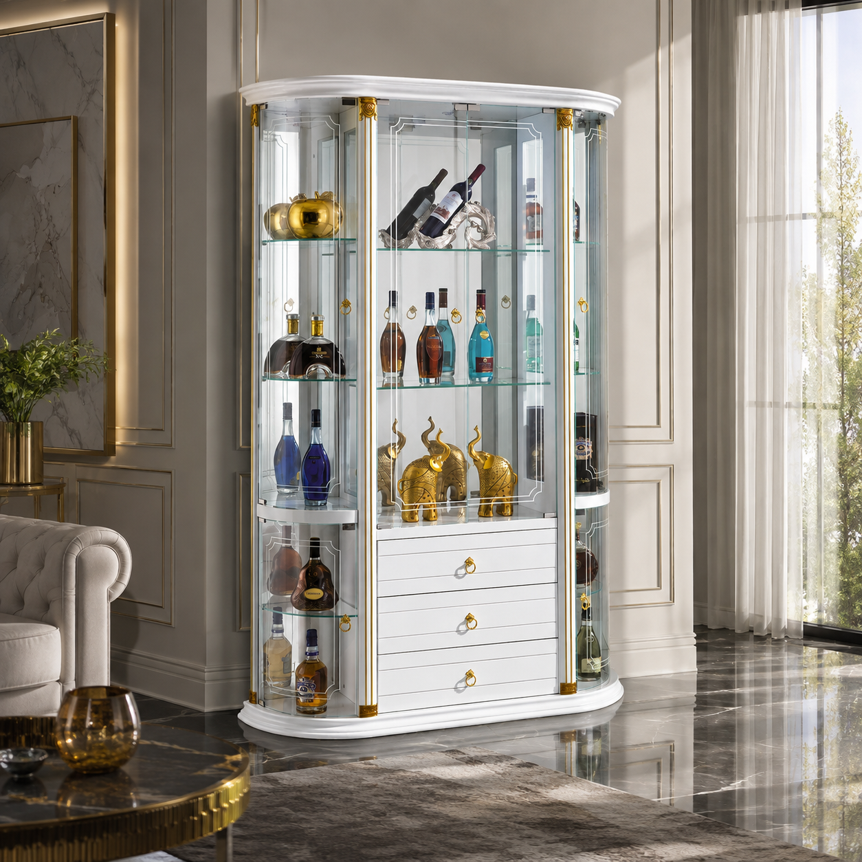 White French Glass Wine Cabinet with Curved Side Display Shelves