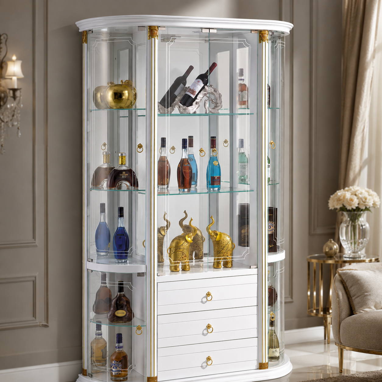 White French Glass Wine Cabinet with Curved Side Display Shelves