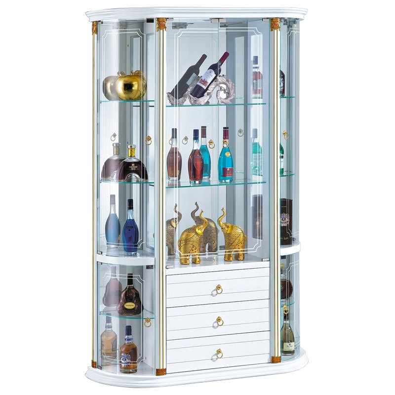 White French Glass Wine Cabinet with Curved Side Display Shelves