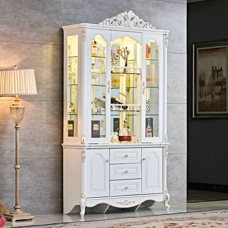 Ornate White French Wine Cabinet with Crown Carving and Glass Doors