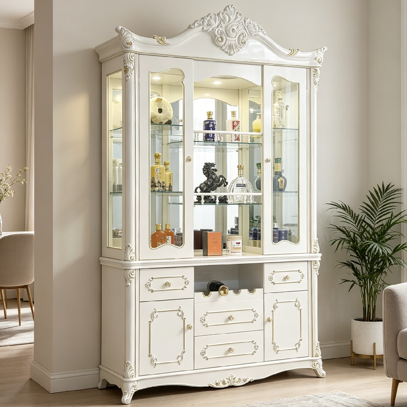 Ornate White French Wine Cabinet with Crown Carving and Glass Doors