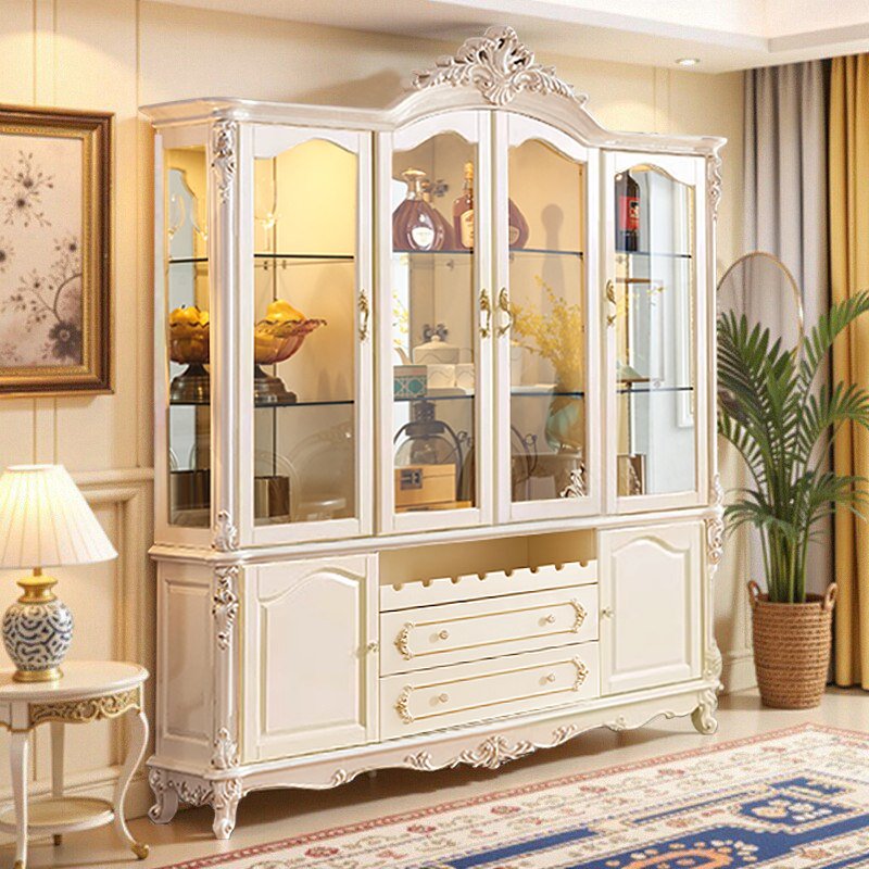 Ornate White French Wine Cabinet with Crown Carving and Glass Doors