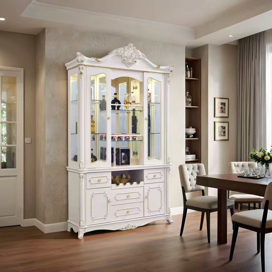 Ornate White French Wine Cabinet with Crown Carving and Glass Doors