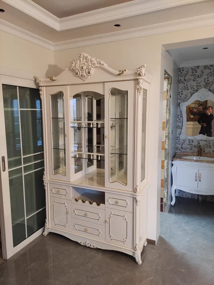 Ornate White French Wine Cabinet with Crown Carving and Glass Doors