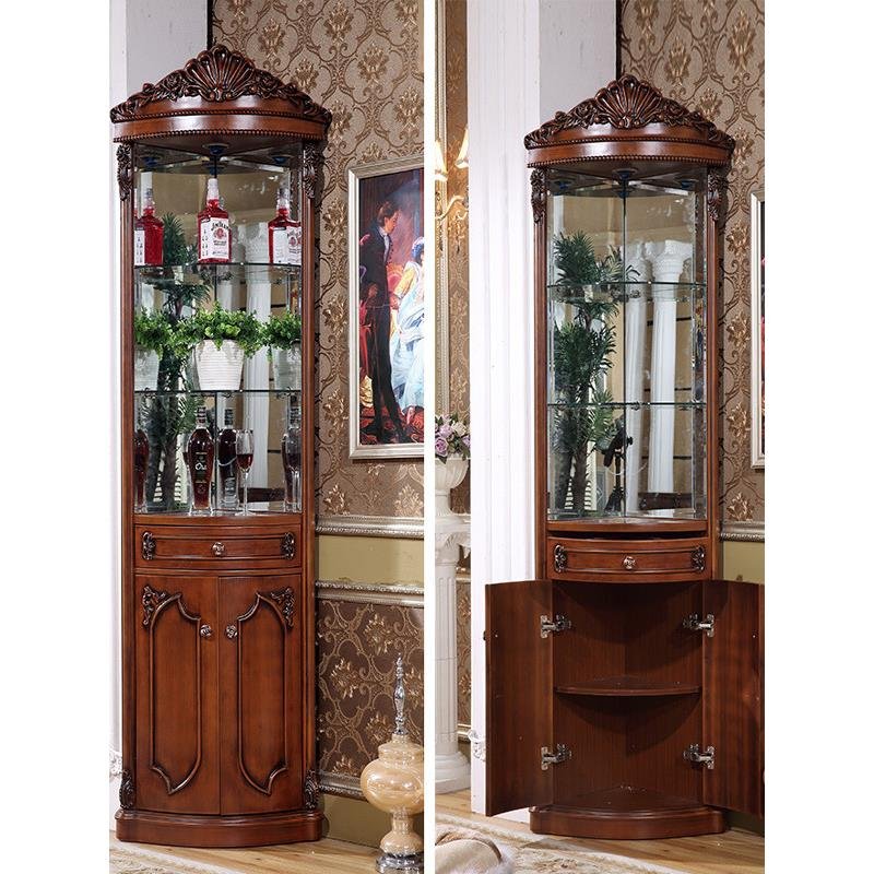 ​French Corner Wine Cabinet with Curved Glass Display and Carved Crown