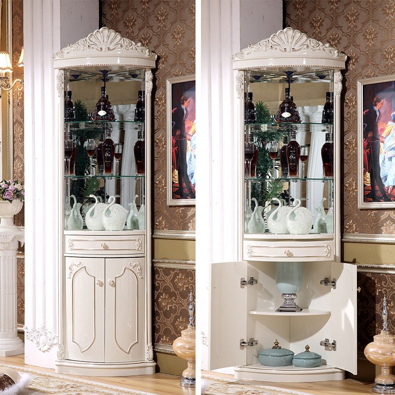 ​French Corner Wine Cabinet with Curved Glass Display and Carved Crown