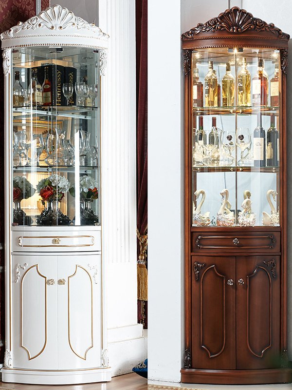 ​French Corner Wine Cabinet with Curved Glass Display and Carved Crown