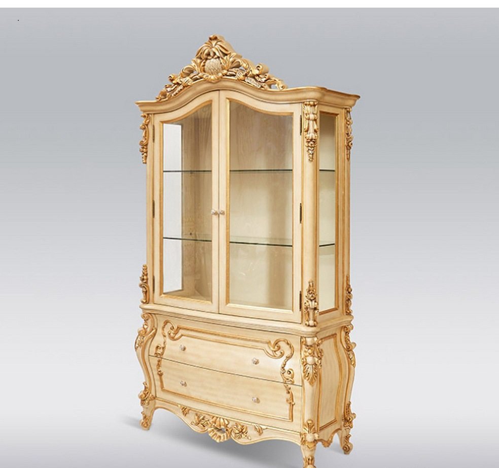 Champagne French Wine Cabinet with Carved Crown and Double Glass Doors