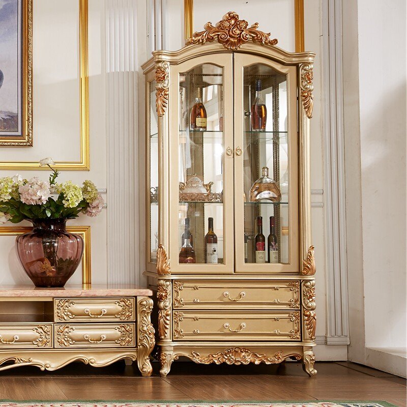 Champagne French Wine Cabinet with Carved Crown and Double Glass Doors