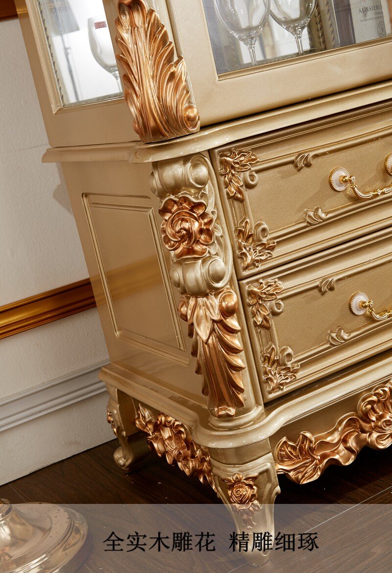 Champagne French Wine Cabinet with Carved Crown and Double Glass Doors