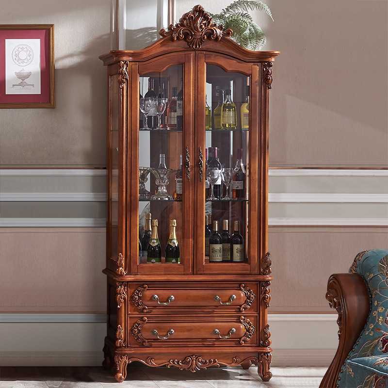Champagne French Wine Cabinet with Carved Crown and Double Glass Doors