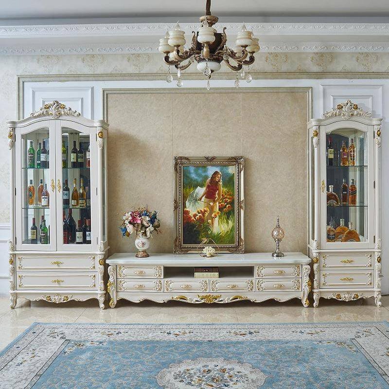 Champagne French Wine Cabinet with Carved Crown and Double Glass Doors
