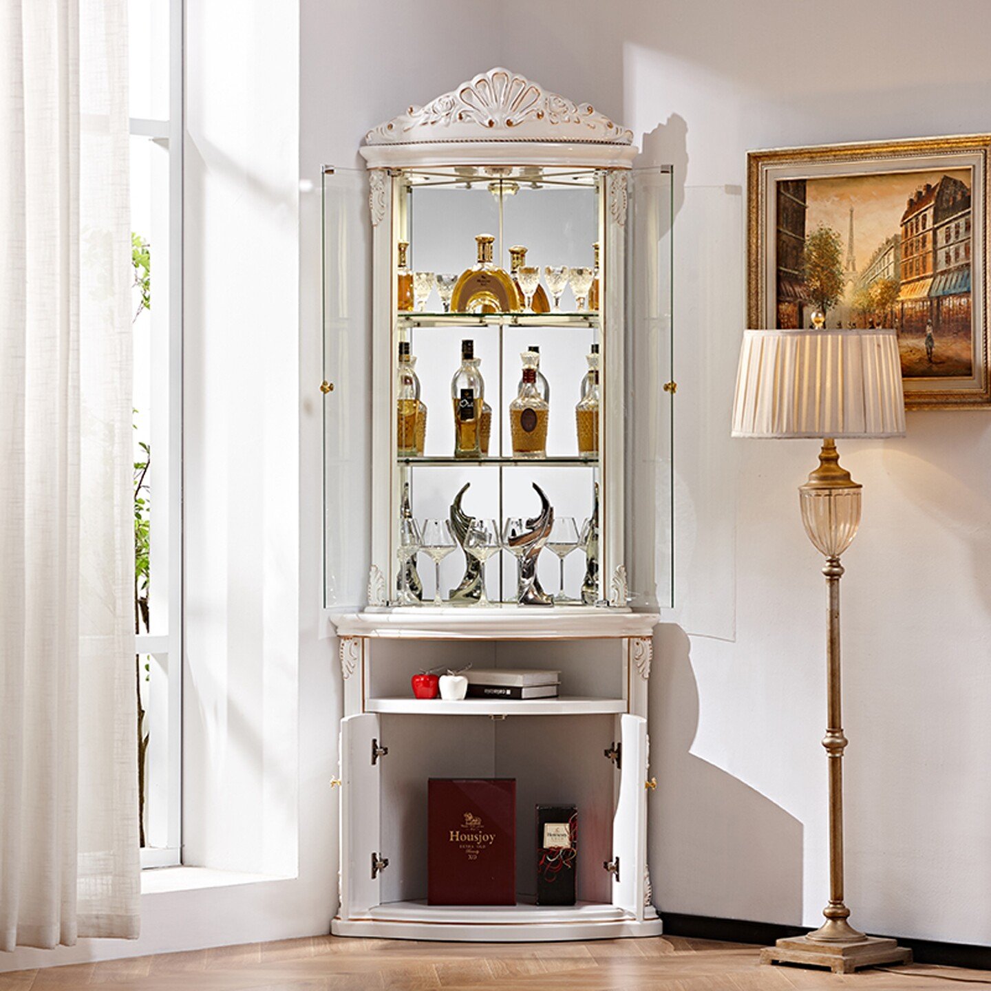White French Corner Wine Cabinet with Shell Crown and Glass Display
