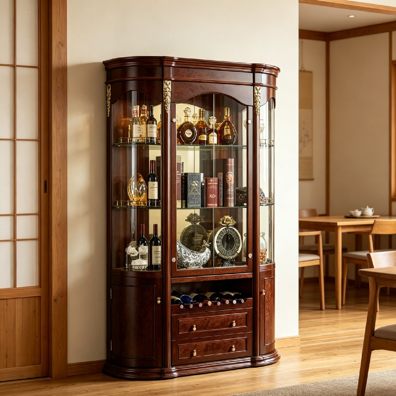 Grand Cherry Wood Wine Cabinet Framed by Curved Glass Display Wings