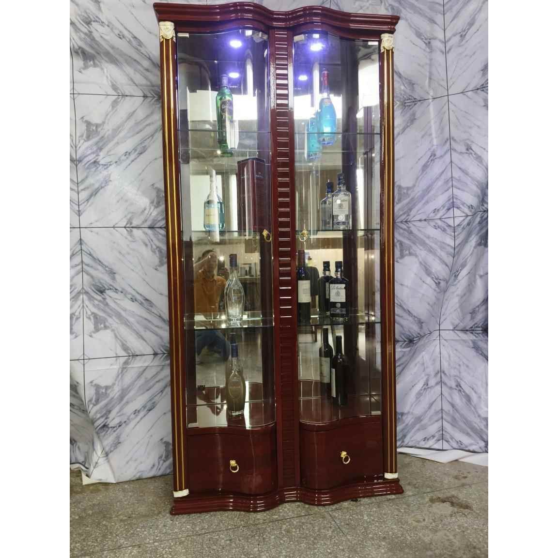 Tall Cherry Wood Wine Cabinet with Twin Glass Doors and Lit Shelves