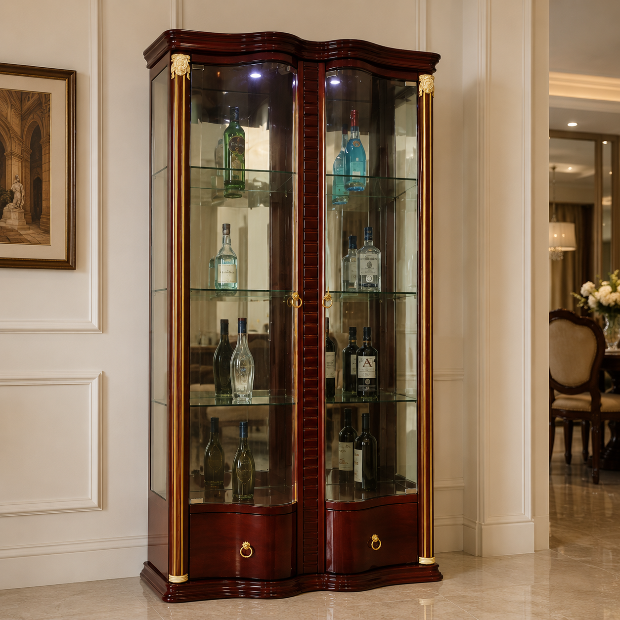 Tall Cherry Wood Wine Cabinet with Twin Glass Doors and Lit Shelves