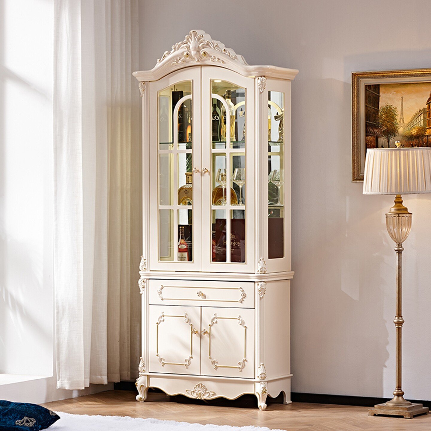 Ivory French Wine Cabinet with Arched Glass Doors and Crown Carving
