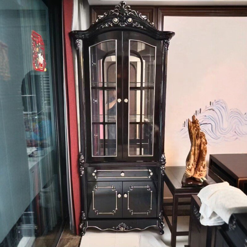Ivory French Wine Cabinet with Arched Glass Doors and Crown Carving