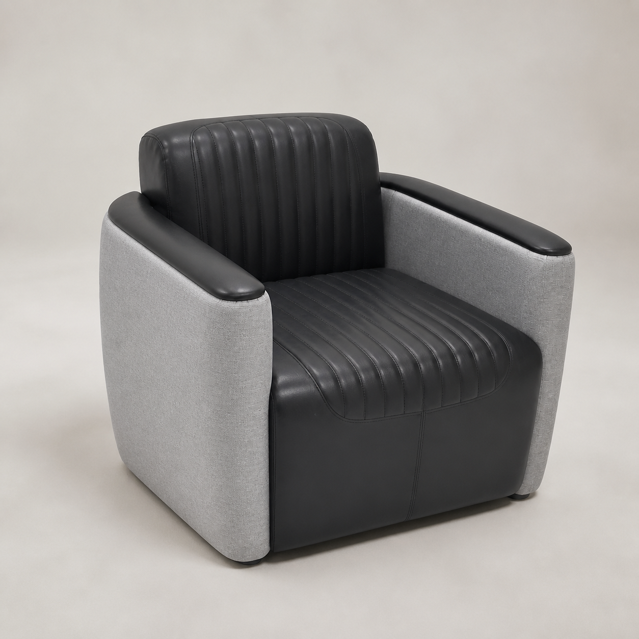 Black Channel-Tufted Tub Chair Wrapped in a Grey Outer Shell