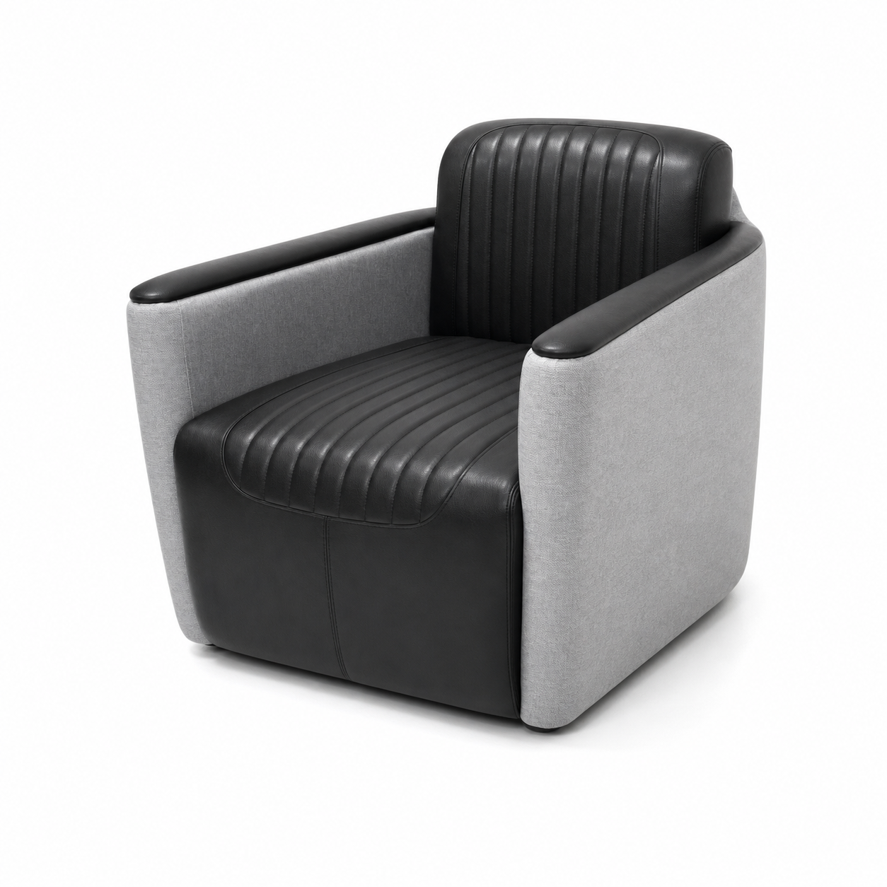 Black Channel-Tufted Tub Chair Wrapped in a Grey Outer Shell