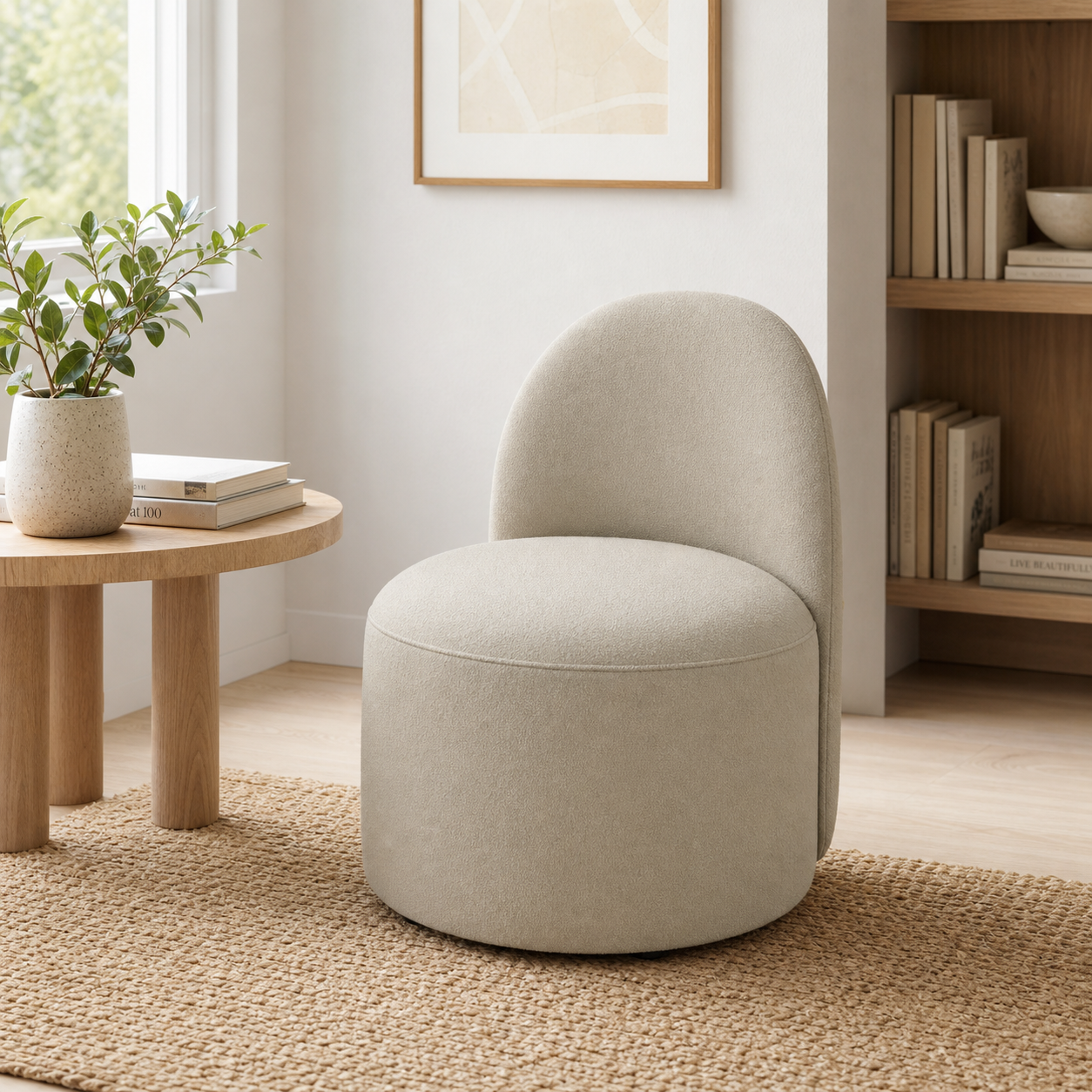 Cream Boucle Barrel Chair with an Arched Back Silhouette
