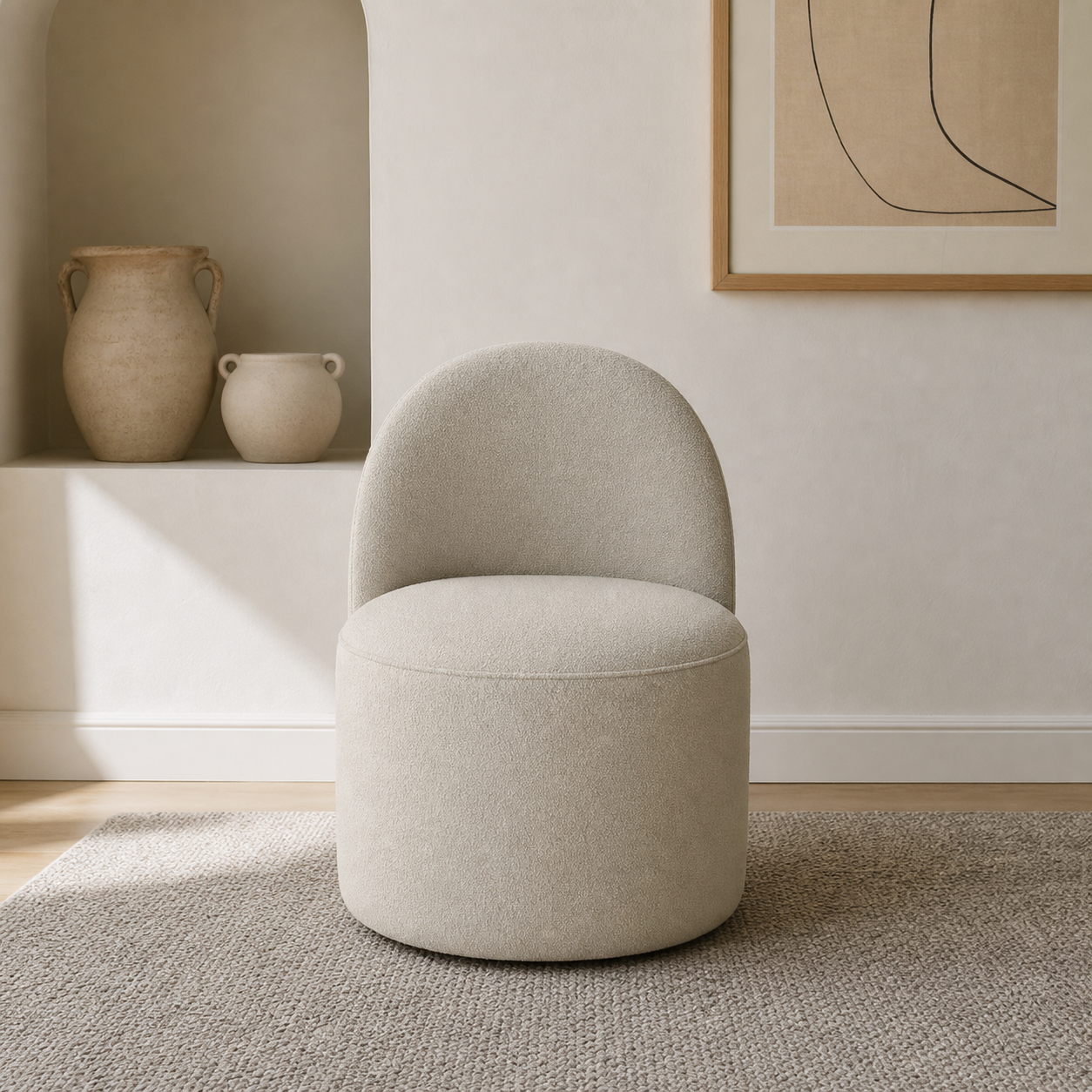 Cream Boucle Barrel Chair with an Arched Back Silhouette