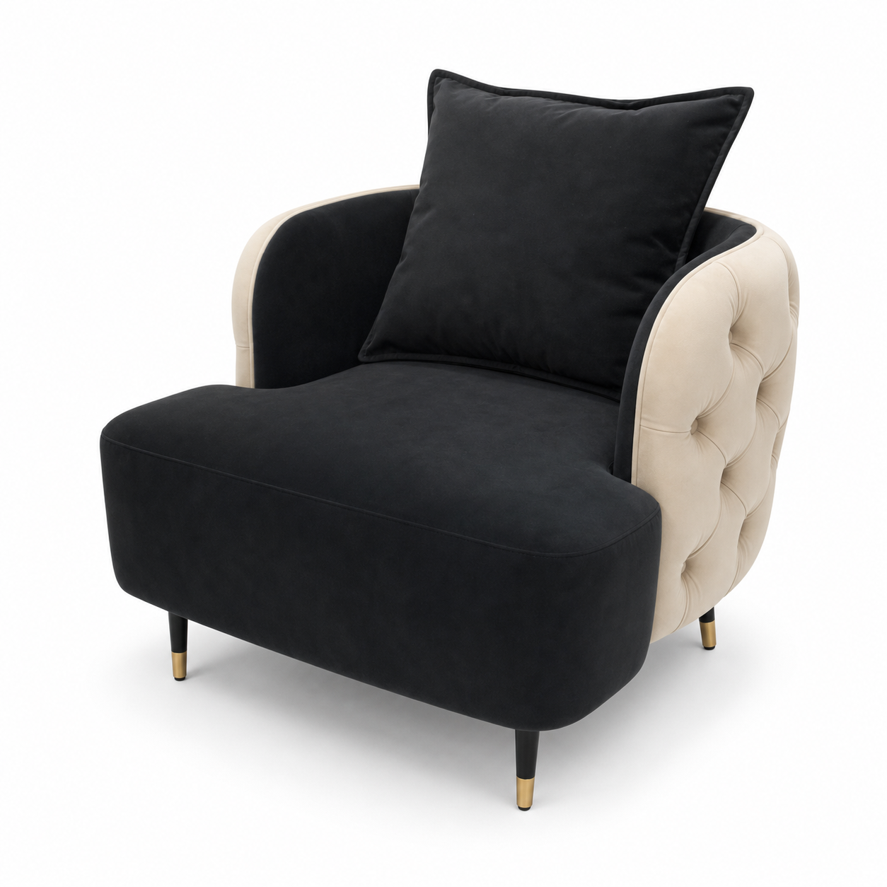Black Lounge Chair Wrapped by Cream Tufted Outer Arms