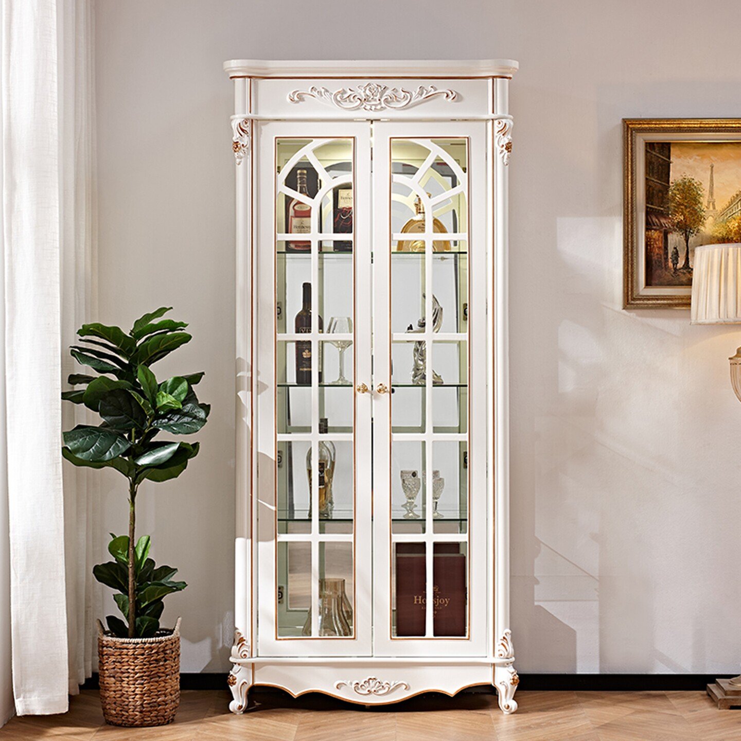 Ivory French Wine Cabinet Framed by Arched Lattice Glass Doors