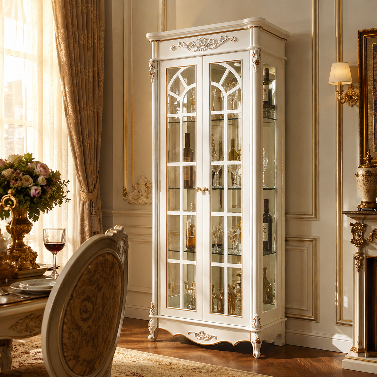 Ivory French Wine Cabinet Framed by Arched Lattice Glass Doors