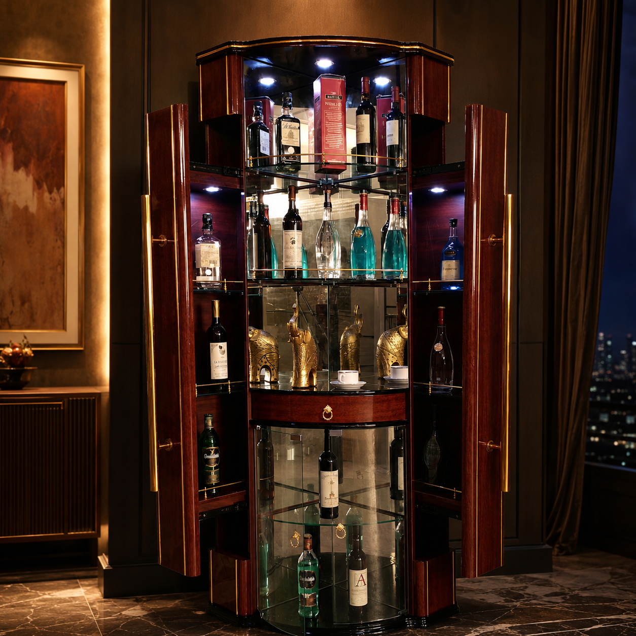 Grand Mirrored Bar Cabinet with Opening Side Towers