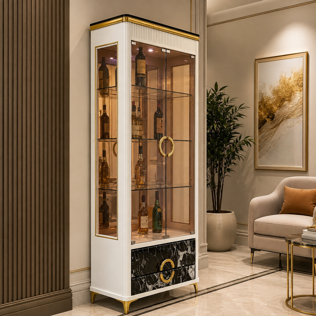 Fluted White Wine Cabinet with Bronze Glass and Marble-Look Drawer