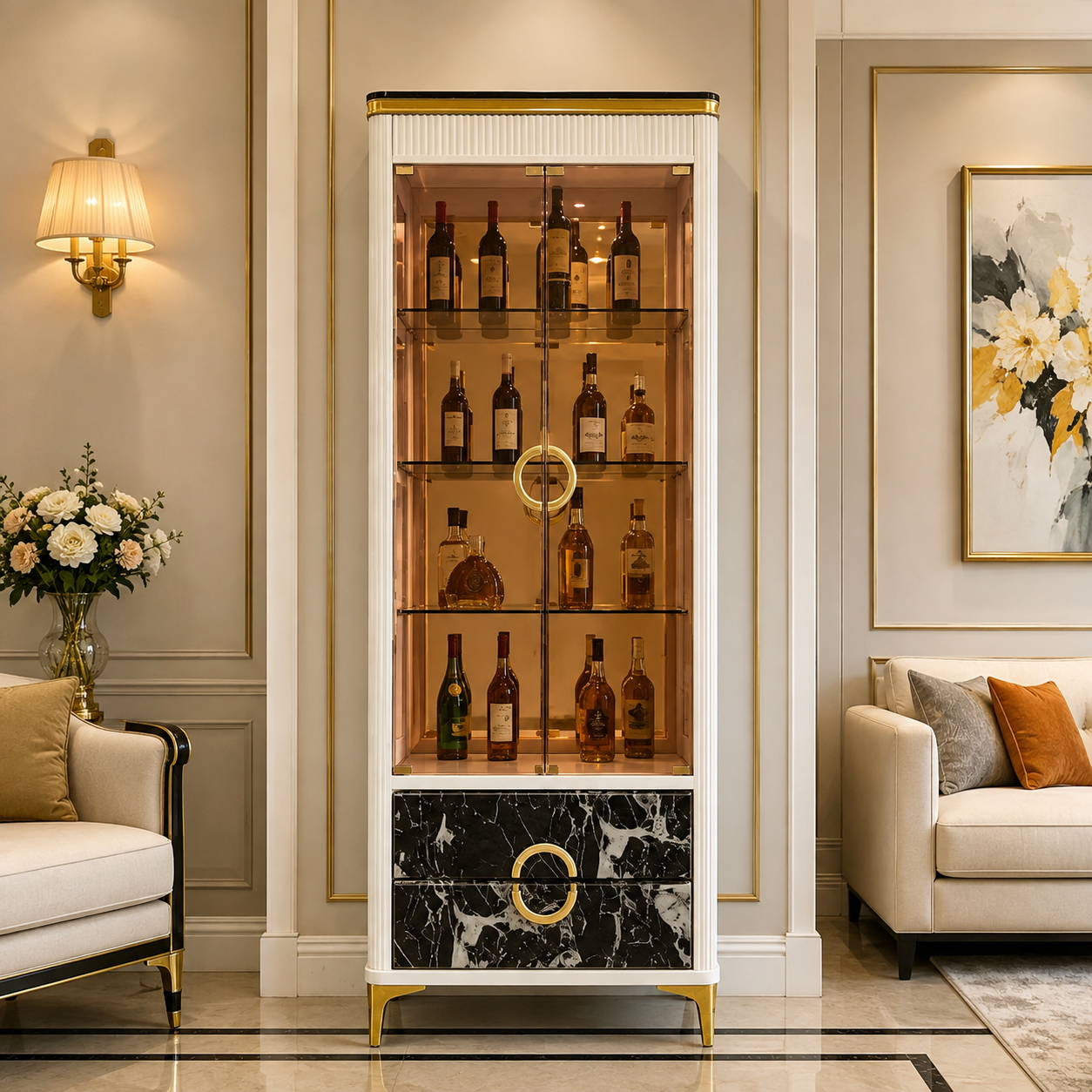 Fluted White Wine Cabinet with Bronze Glass and Marble-Look Drawer