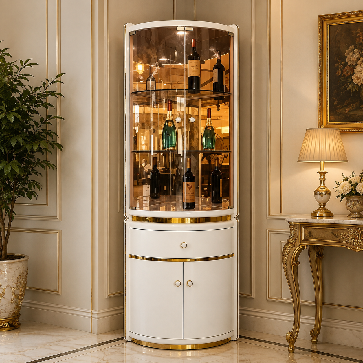 Curved Ivory Wine Cabinet with Amber Glass Display Front
