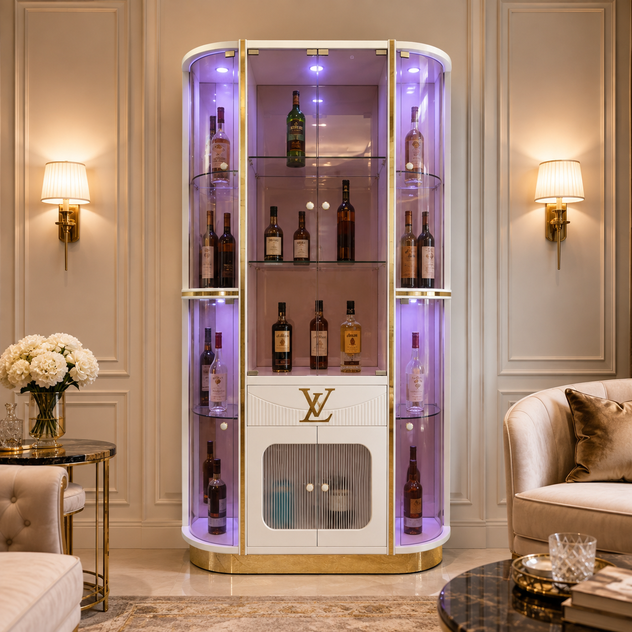White Bar Cabinet with Purple Glass Side Display Towers