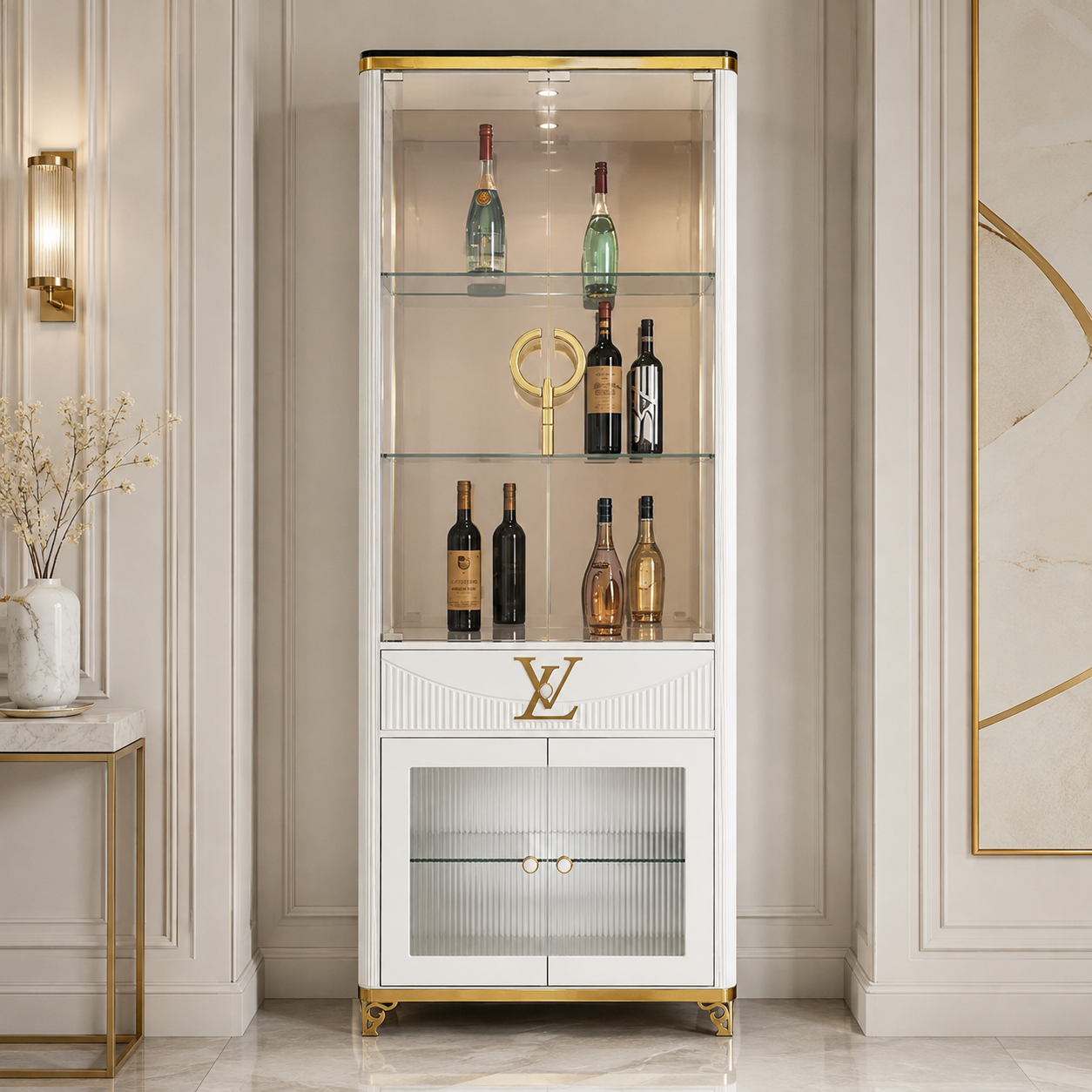 Tall White Display Wine Cabinet with Fluted Lower Doors
